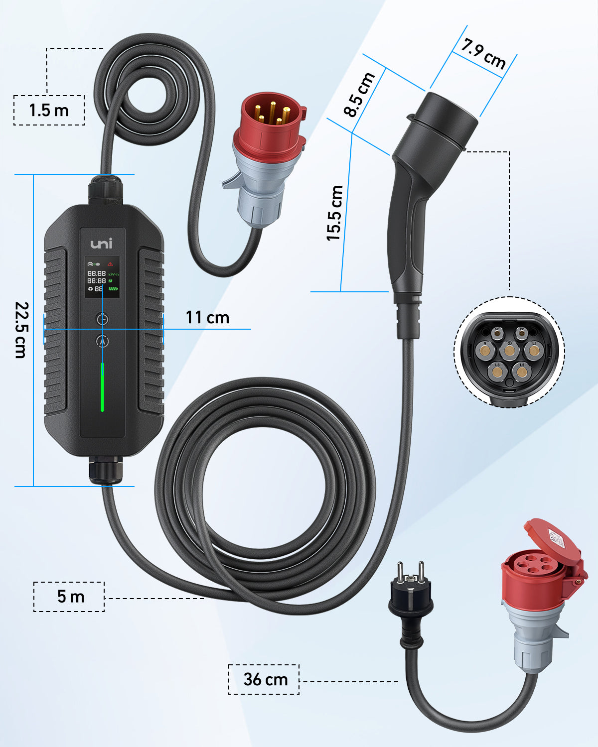 Câble de charge uni Type 2 EV 11 kW 7 m Station de recharge portable pour voiture électrique triphasée