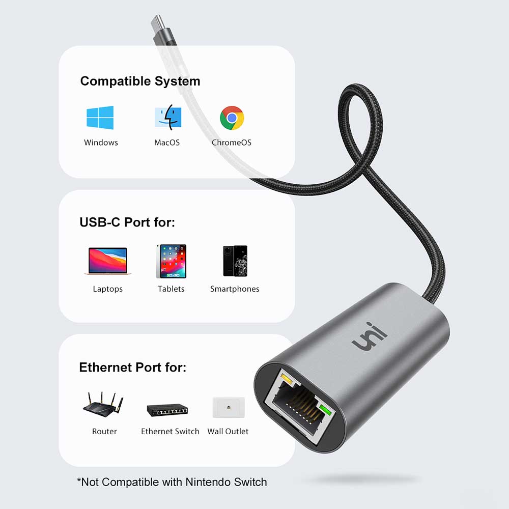 uni® 2.5G Ethernet to USB Adapter, RJ45/ to USB C Network Adaptor, Gray