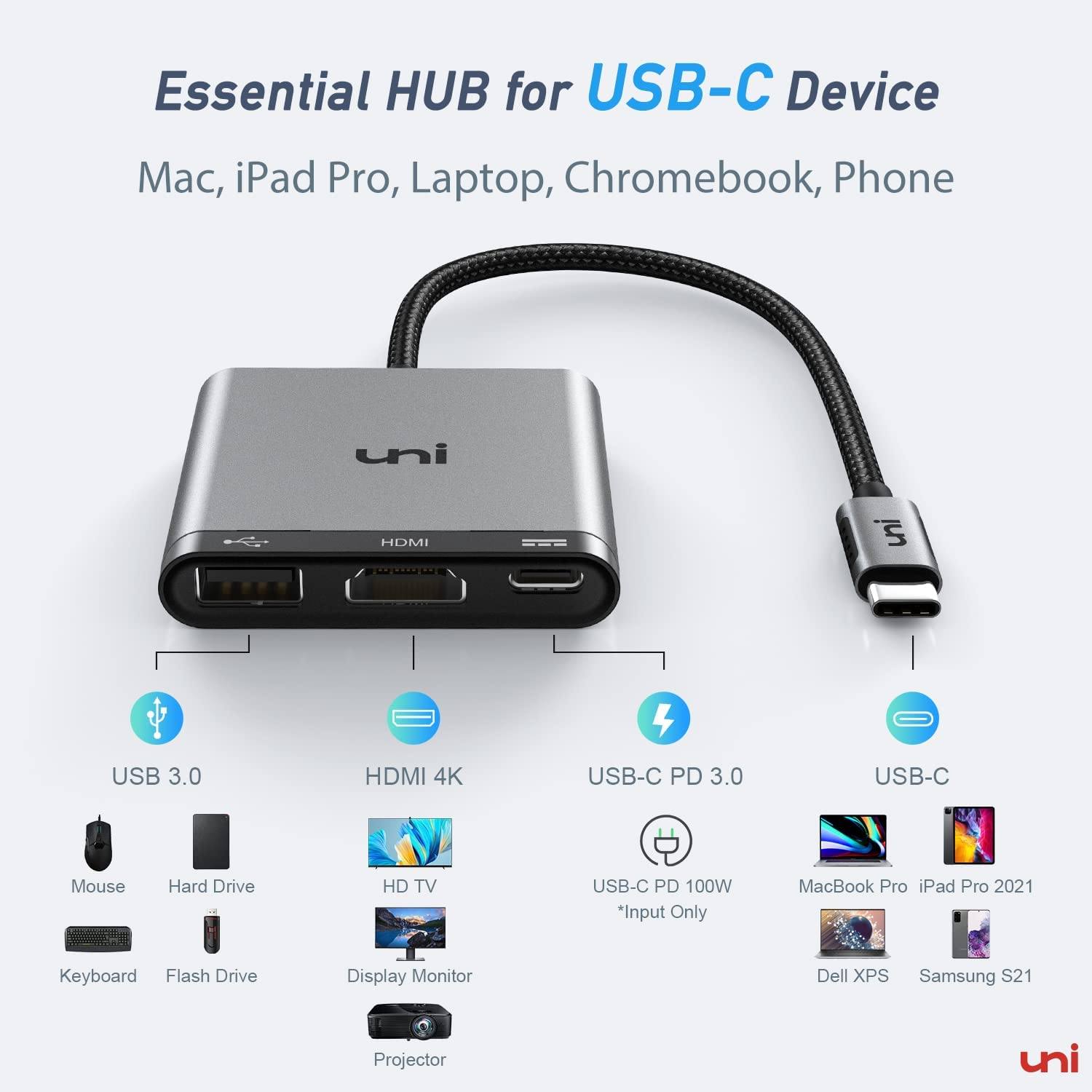 uni USB-C HDMI/USB3.0/USB-C 3in1 変換アダプター(スペースグレー)【訳あり※HDMI動作確認不可】57 00014
