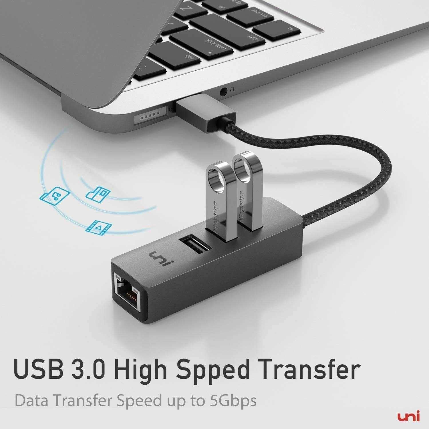 uni® USB Hub with 1G Ethernet Adapter, USB 3.0 Hub Gigabit Ethernet RJ45 Adapter, USB Adaptor, Perfect Size, Gbps | Aluminum Ultra-Slim & Portable