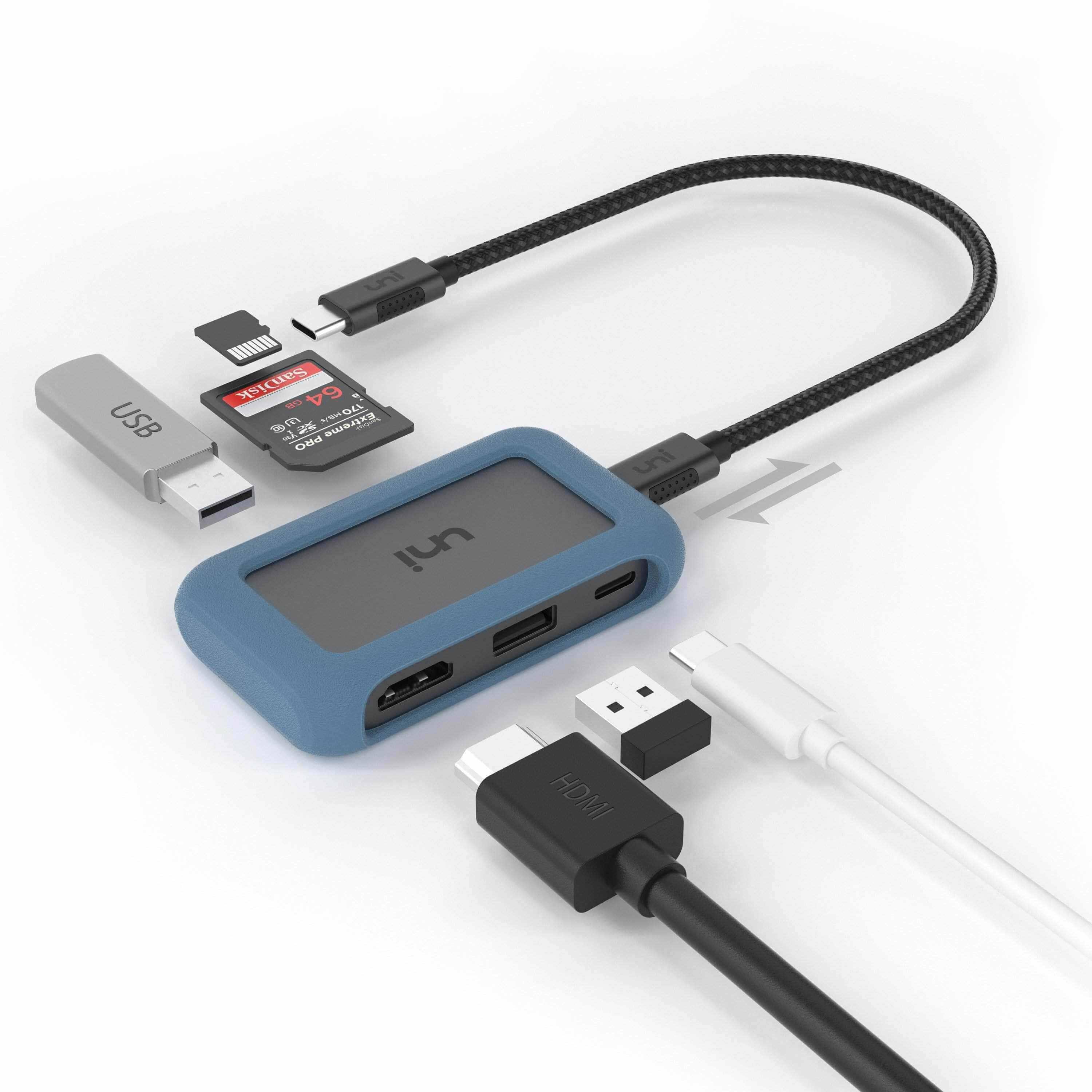 USB C Hub Detachable Cable, 4K HDMI, PD, USB 3.0, Card Reader
